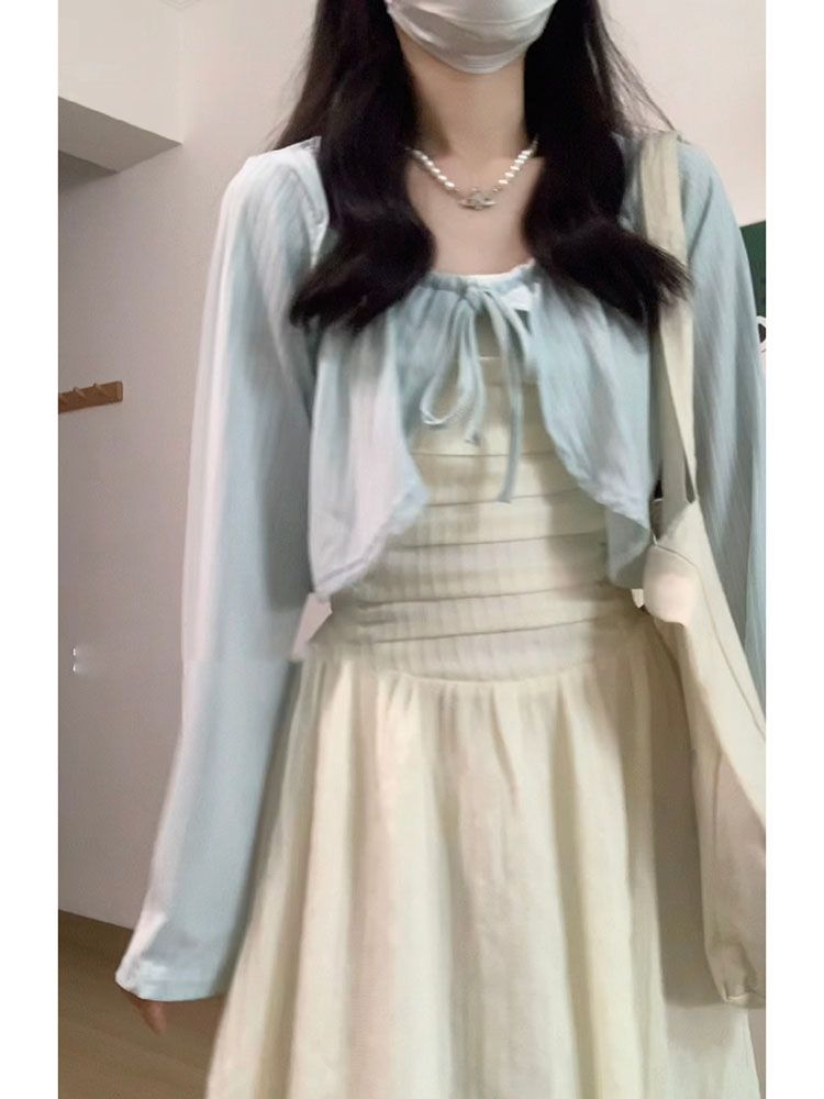 Two-piece suit sweet white moonlight tube top dress female student + blue tie sweater knitted cardigan