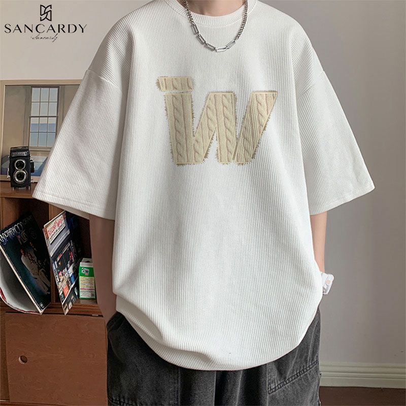 圣吉卡丹 美式复古华夫格短袖t恤高街男夏季潮牌青少年学生半截袖