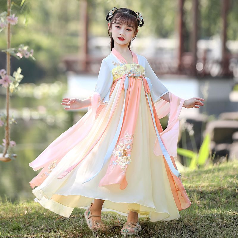 女童漢服夏裝2023古裝襦裙兒童唐裝小女孩超仙連衣裙中國風公主裙