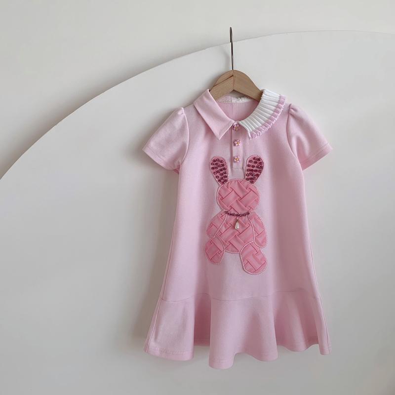女童时尚不规则polo连衣裙儿童夏季设计感小众卡通兔子粉色卫衣裙