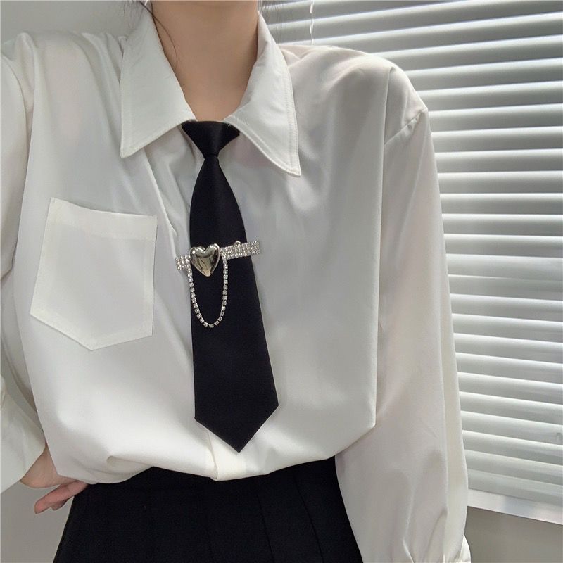 Toccante ragazza piccante ~ Cravatta nera con strass in metallo con personalità femminile, cravatta uniforme stile college JK_voghion.com