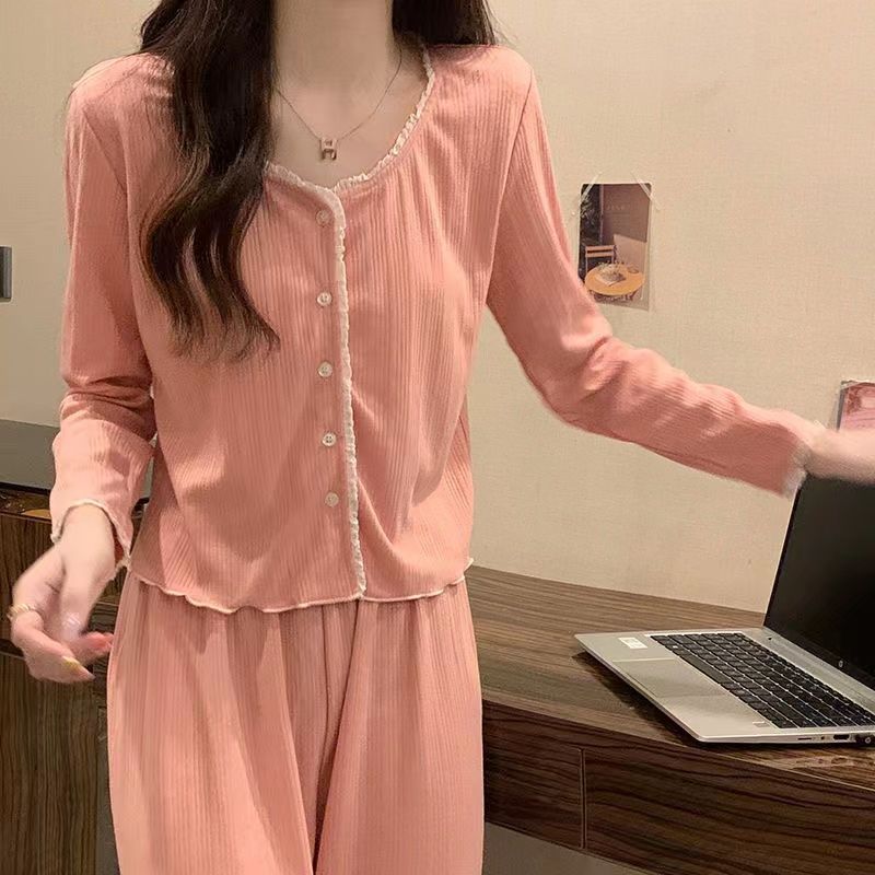 Autumn pajamas women's spring and autumn style sweet long-sleeved  new Korean style net red style round neck bean paste two-piece suit