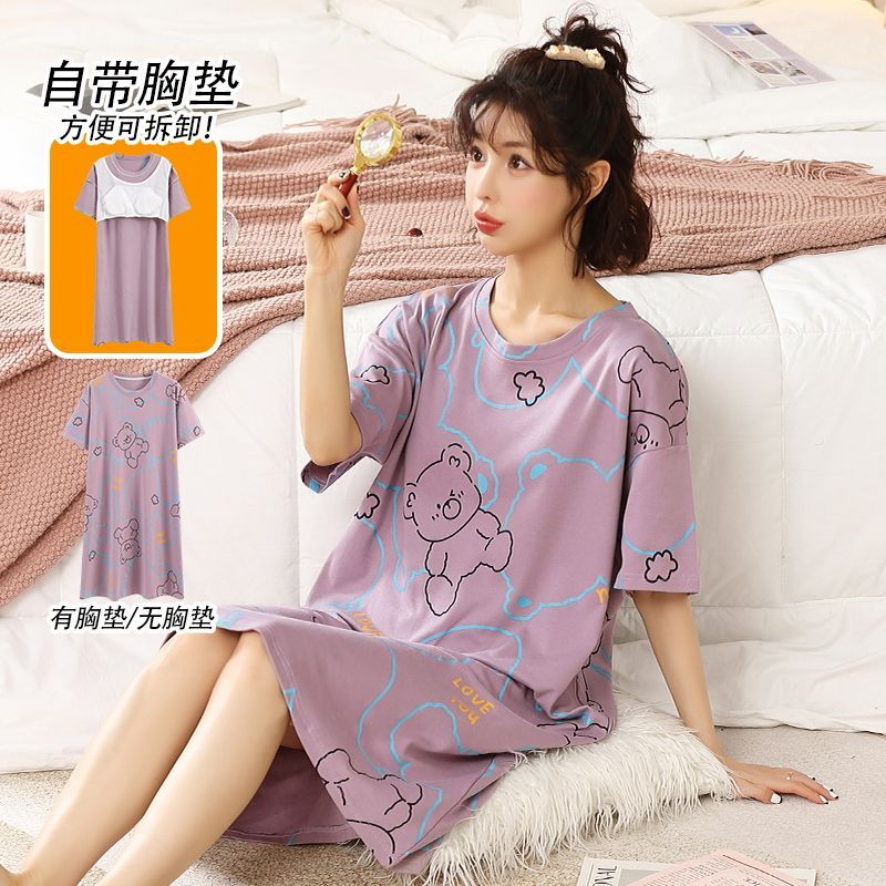Pajamas with chest pad women's summer short-sleeved cotton can be worn outside the Korean version of the knee-high cotton cute pajamas women's summer loose