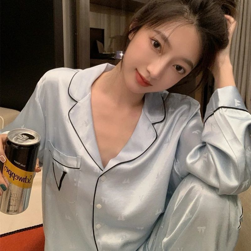 Pajamas women's ice silk spring, autumn and summer thin section Korean version long-sleeved large size can be worn outside with a sense of luxury  new home clothes