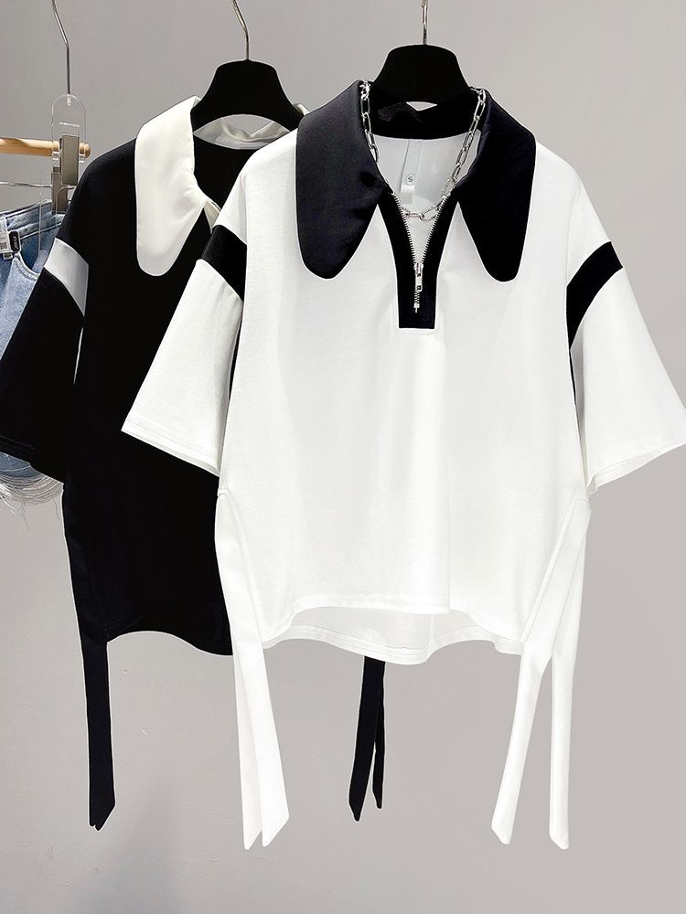 Large size short-sleeved t-shirt women's summer loose small crowd fat mm hit color loose slimming design sense top tide 200 catties 300