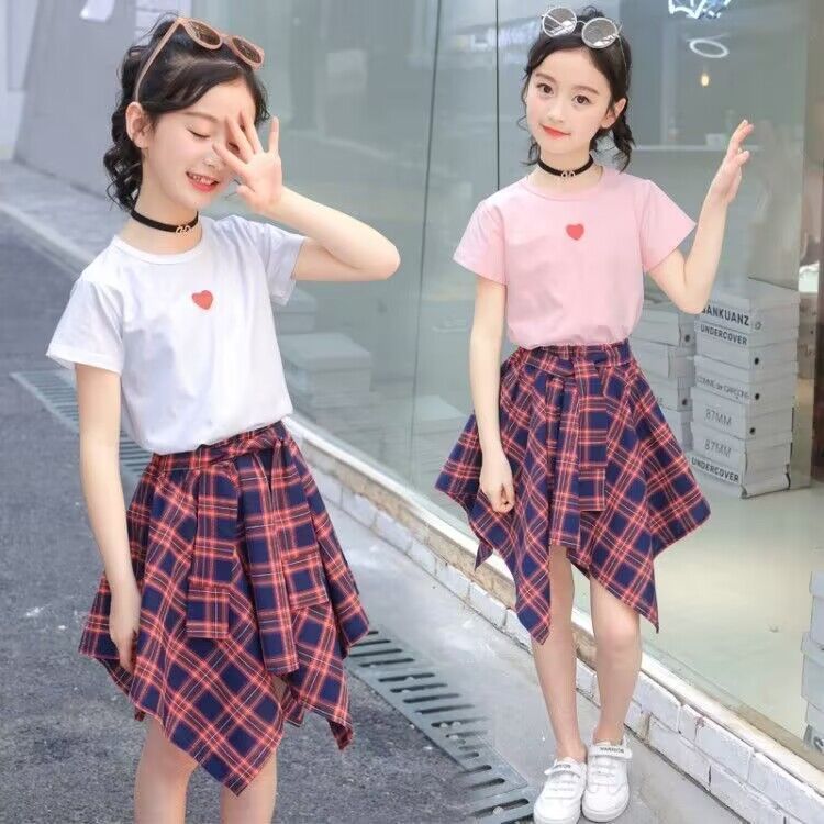 Girls summer Korean version of the new suit big children's plaid skirt dance clothing class clothing performance clothing little girl dance skirt