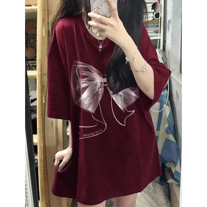 bf慵懶可愛風短袖T恤女ins夏季小清新寬鬆百搭蝴蝶印花酒紅色上衣