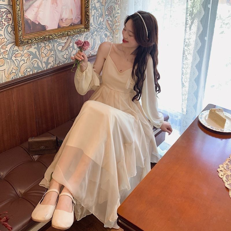 超仙森系夏季新款氣質仙女裙長袖防曬兩件套法式溫柔風吊帶連衣裙