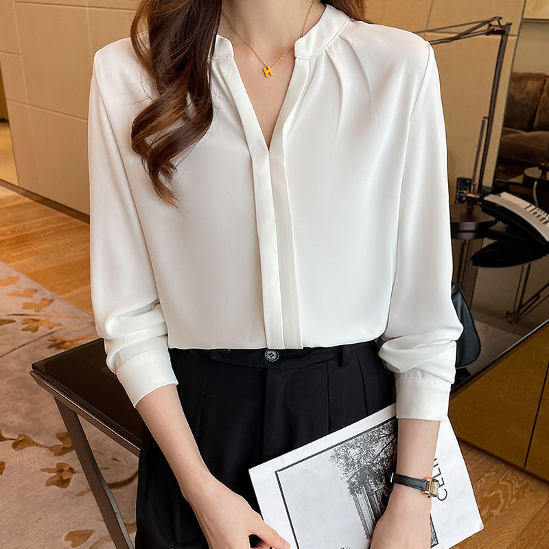 雪纺衫白色长袖衬衫女春秋季新款设计感v领韩版职业正装衬衣上衣