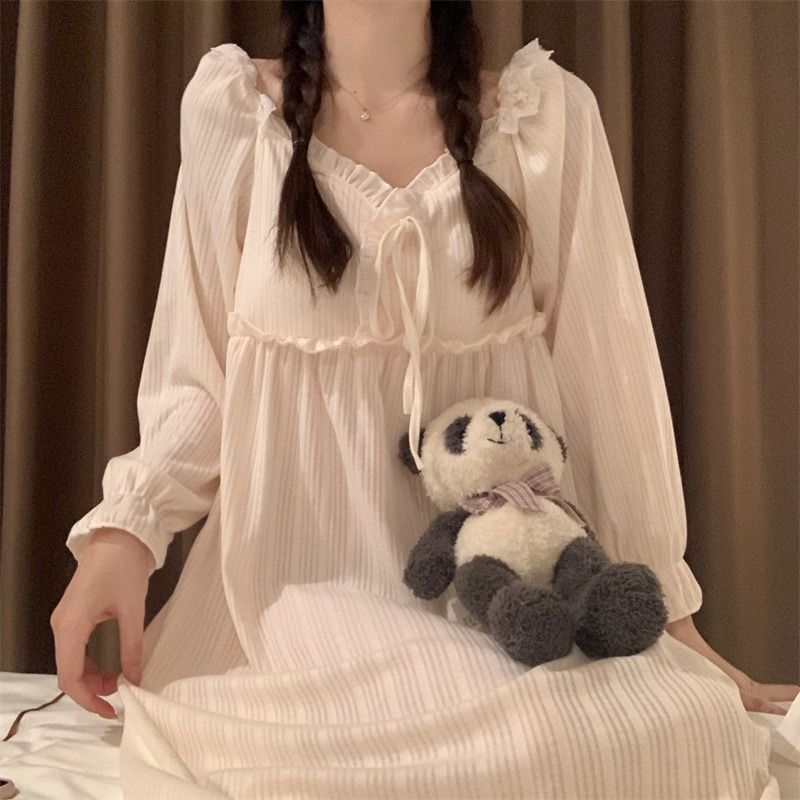 Ins wind spring and autumn new long-sleeved cotton nightdress female V-neck pullover sweet court princess wind mid-length home clothes