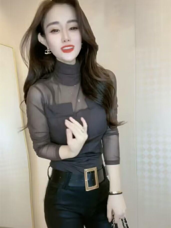 網紅同款時尚蕾絲衫女2023秋冬新款純色網紗微透高領性感顯瘦小衫