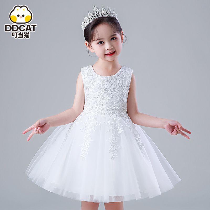 叮噹貓女童連衣裙夏季蓬蓬裙洋氣公主裙兒童禮服女孩白色網紗裙子