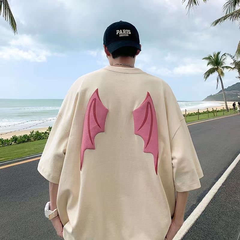 100%純棉惡魔翅膀短袖t恤男女情侶夏季重磅oversize潮寬鬆小領口