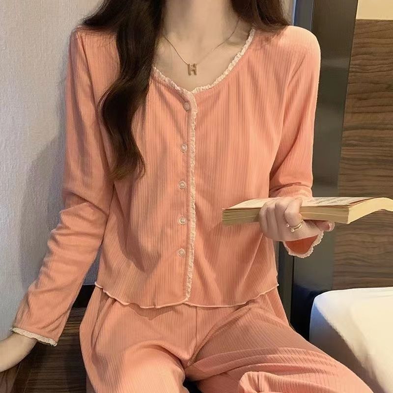 Autumn pajamas women's spring and autumn style sweet long-sleeved  new Korean style net red style round neck bean paste two-piece suit