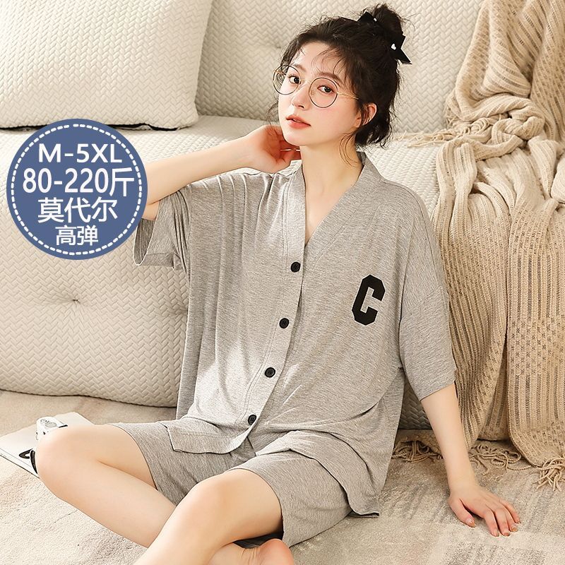 100%莫代爾睡衣女夏季2023年新款套裝短袖短褲和服開衫大碼家居服