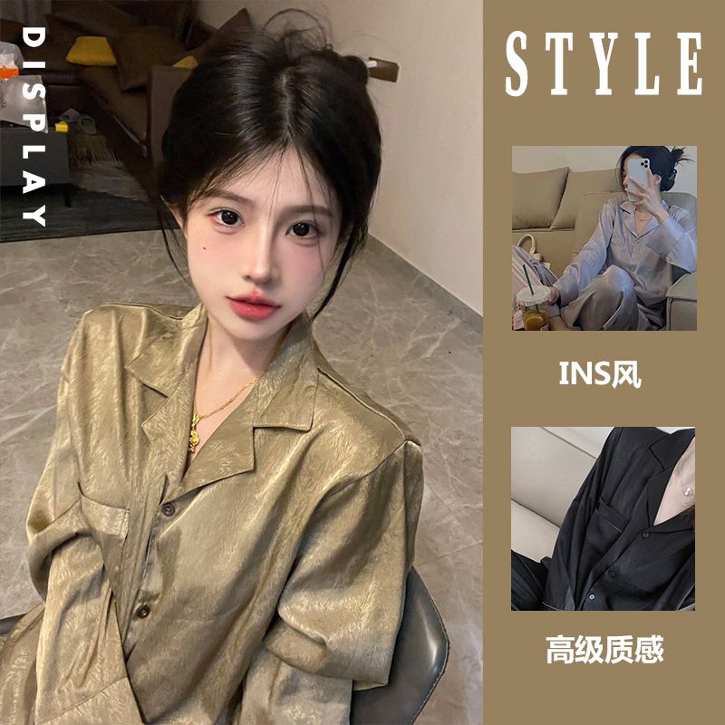 Pajamas women's ice silk spring, autumn and summer thin section Korean version long-sleeved large size can be worn outside with a sense of luxury  new home clothes