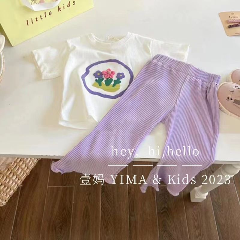 女童夏装时髦套装新款韩版儿童白色印花T恤紫色喇叭裤两件套