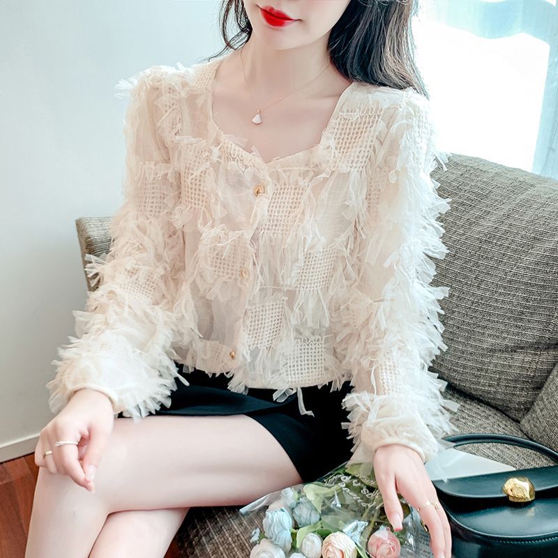 很仙的流蘇蕾絲襯衫女春季2023新款法式仙氣方領長袖甜美襯衣上衣