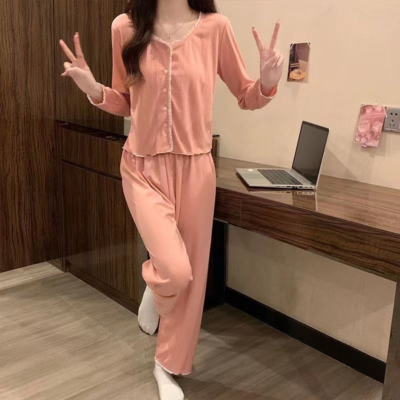 Autumn pajamas women's spring and autumn style sweet long-sleeved  new Korean style net red style round neck bean paste two-piece suit