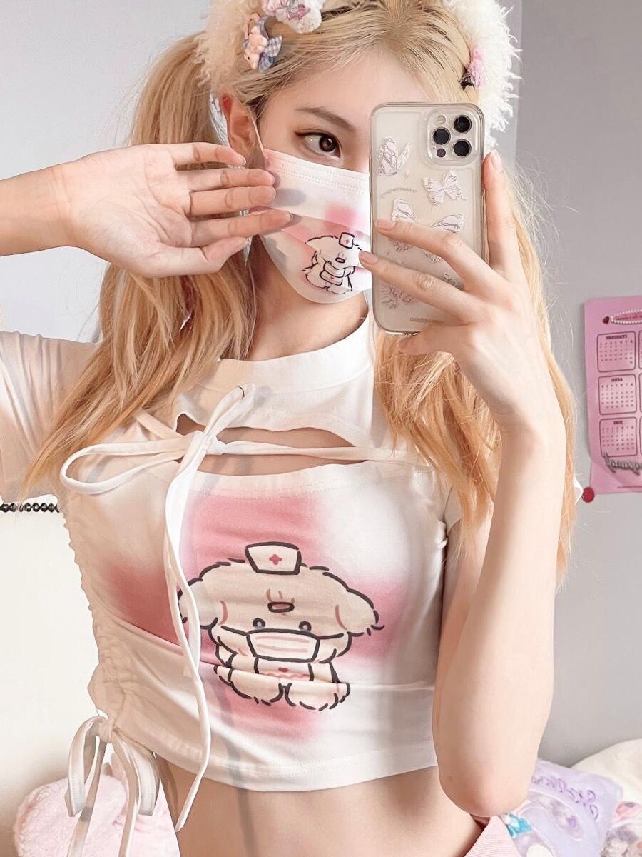 Ins style design sense strap drawstring hot girl t-shirt female student summer tight high waist fashion sweet cool short-sleeved top