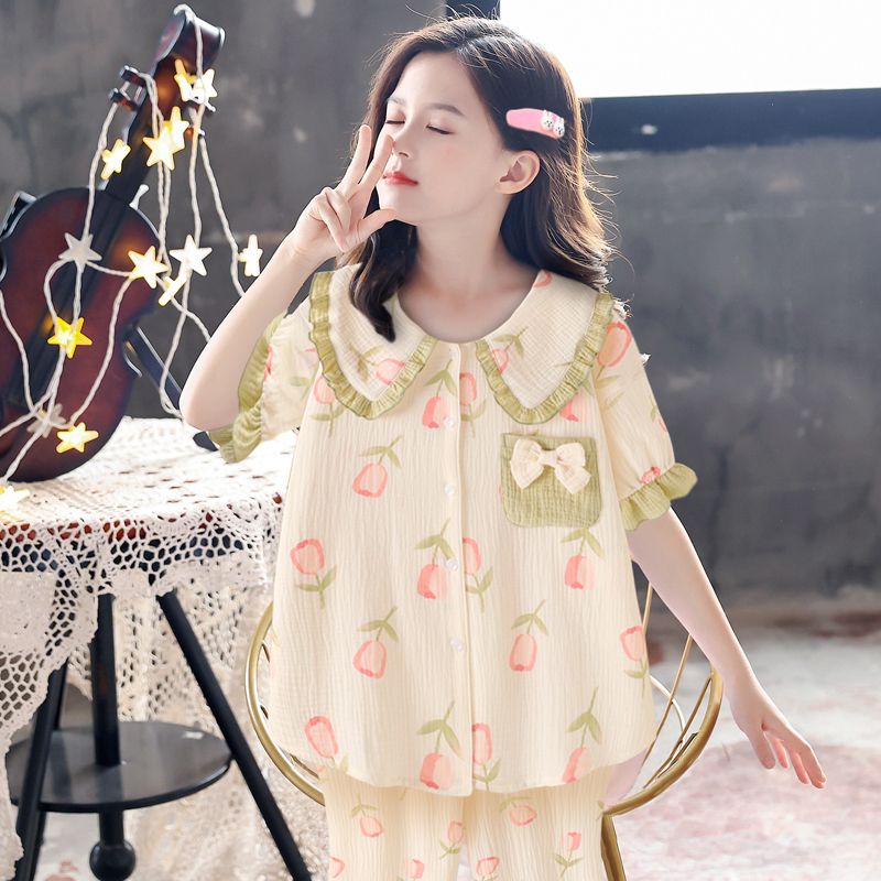 女童日系可愛娃娃領印花純棉紗布睡衣女夏季甜美可外穿家居服套裝