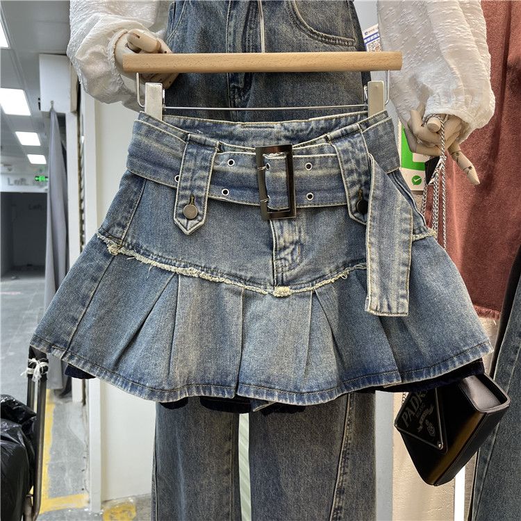 歐美女團款防走光百褶裙2023春夏少女感高腰牛仔短裙時尚辣妹裙子