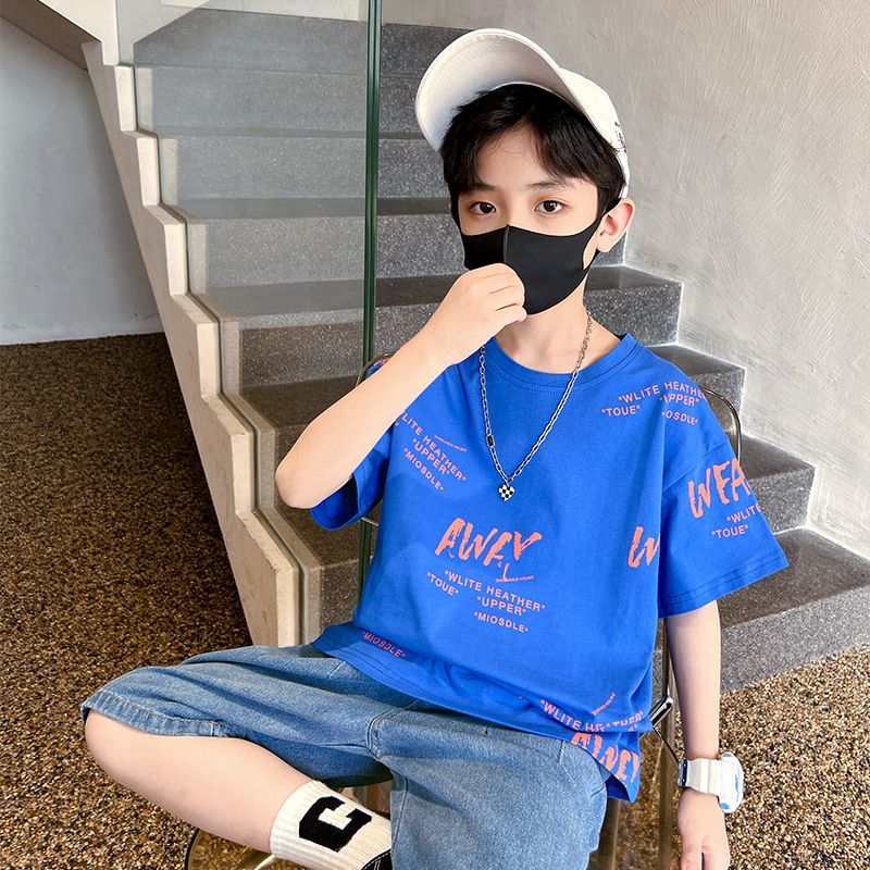 Boys' short-sleeved fashionable children's T-shirts summer pure cotton tops boys' medium and large children's thin clothes handsome new summer clothes