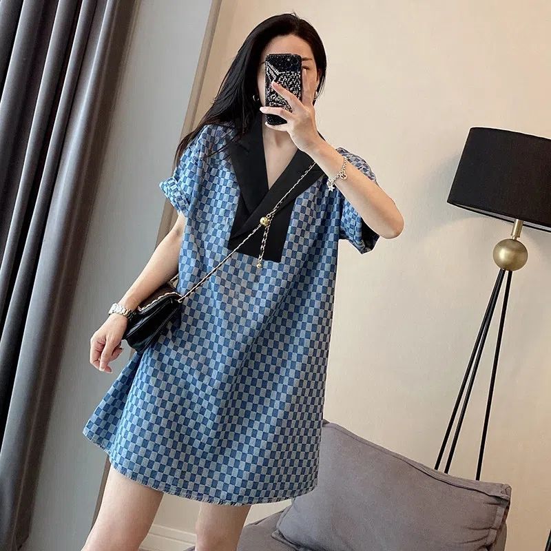 Summer new fat mm large size European goods blue checkerboard dress design sense skirt women's ins tide 2-300 catties