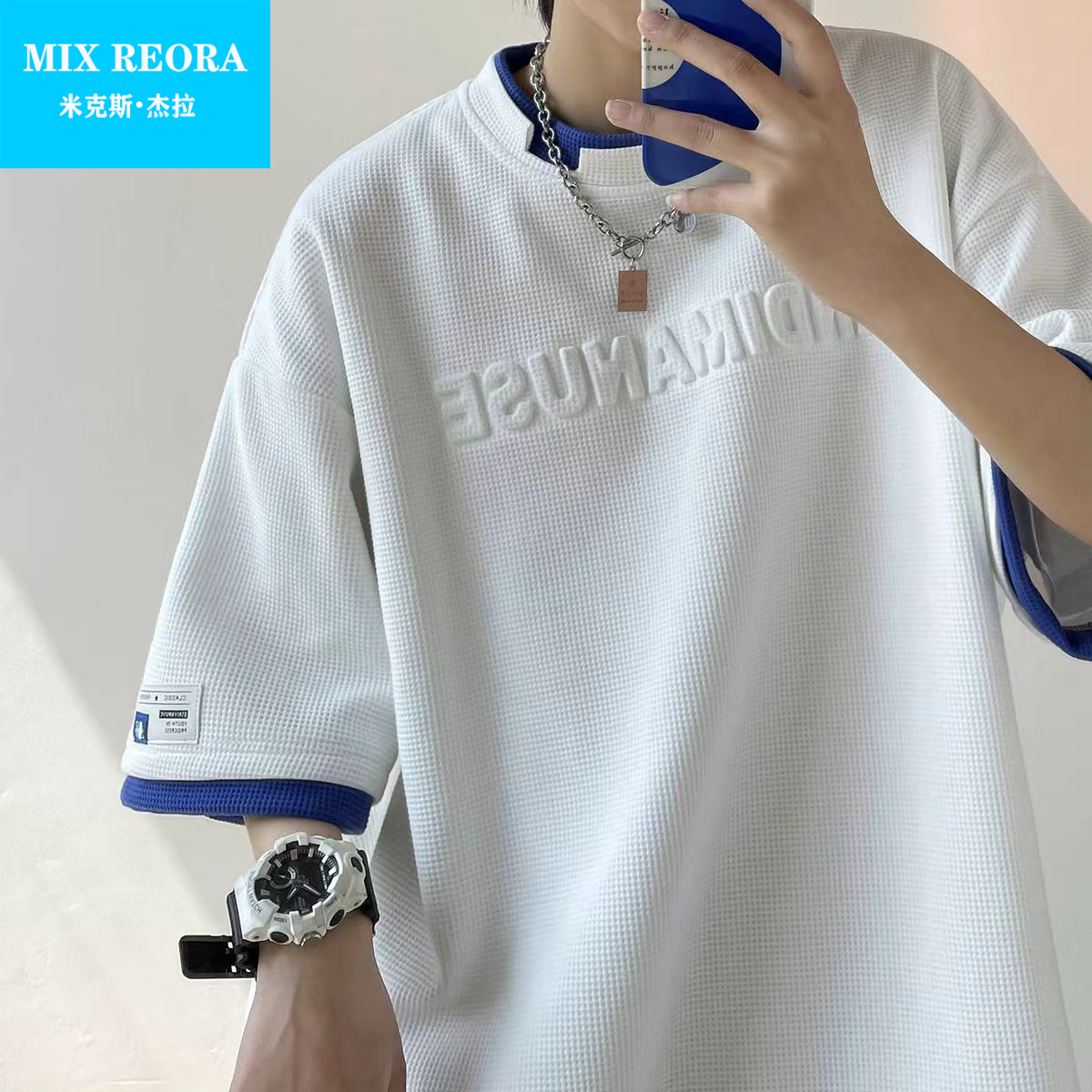 Heavy waffle short-sleeved t-shirt men's tide brand trend ins American fake two-piece five-point sleeve top