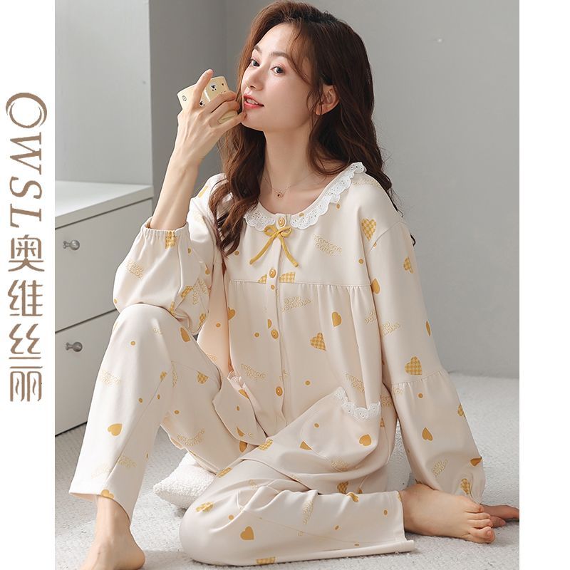 Ovisley pajamas women's spring and autumn pure cotton 100% long-sleeved round neck ladies cotton casual cardigan home service suit