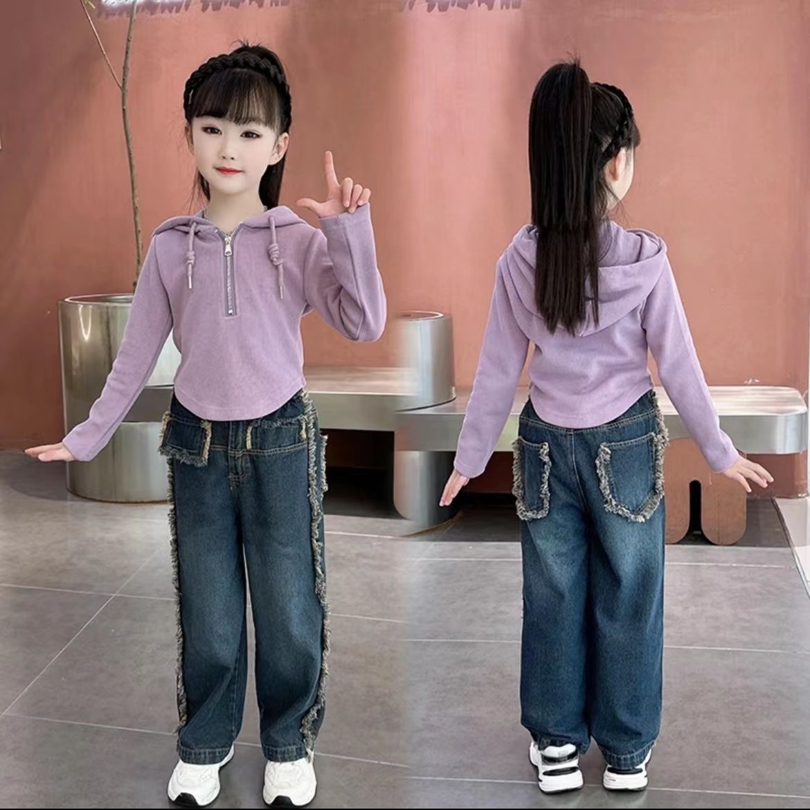童裝女童時尚長袖帽衫上衣韓版毛邊闊腿褲牛仔褲兩件套百搭套裝潮