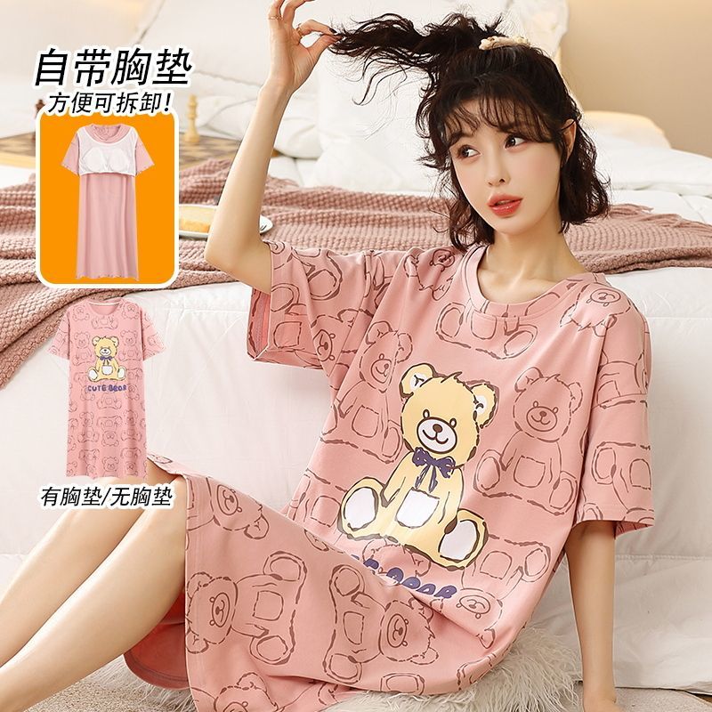 Pajamas with chest pad women's summer short-sleeved cotton can be worn outside the Korean version of the knee-high cotton cute pajamas women's summer loose