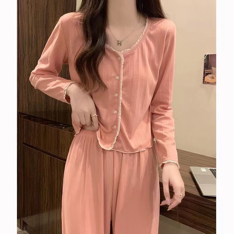 Autumn pajamas women's spring and autumn style sweet long-sleeved  new Korean style net red style round neck bean paste two-piece suit