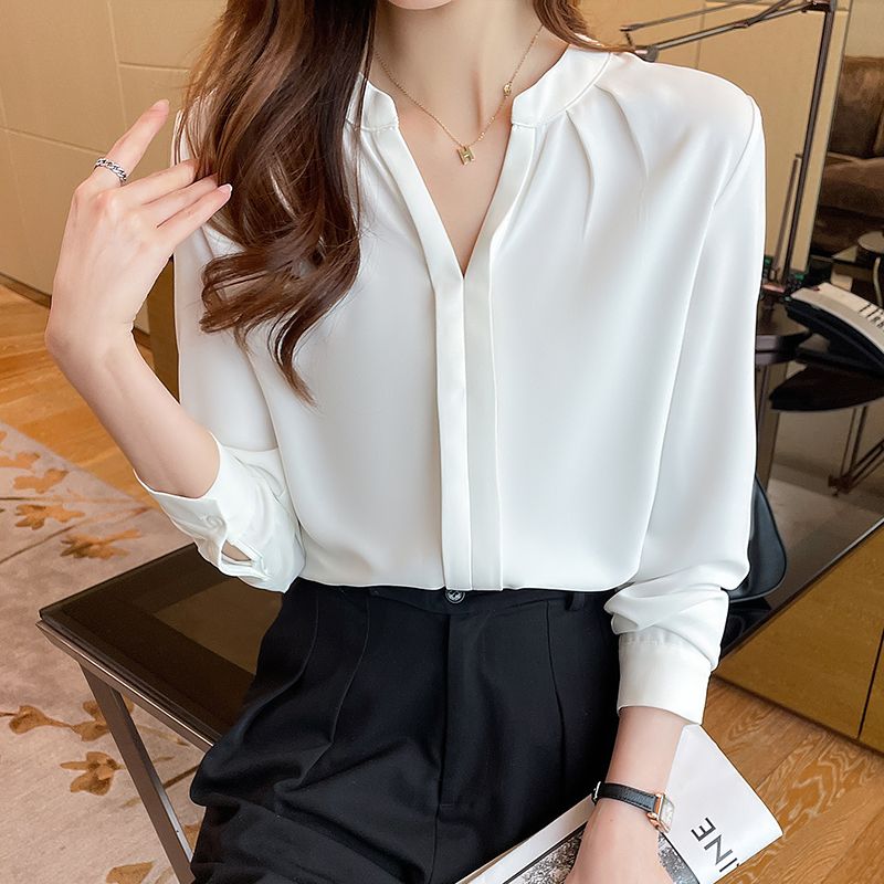 雪纺衫白色长袖衬衫女春秋季新款设计感v领韩版职业正装衬衣上衣