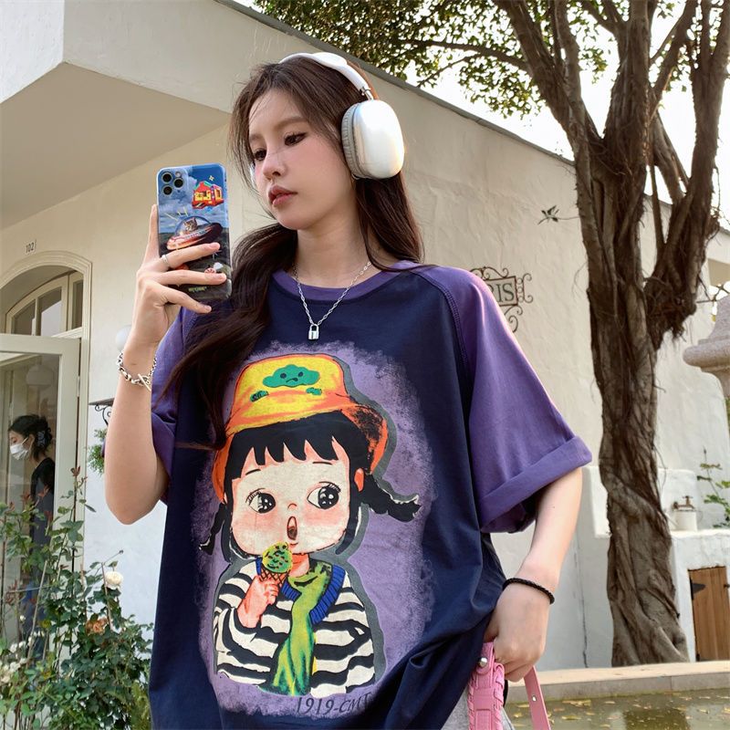 拼接撞色短袖t恤女夏季新款女裝寬鬆顯瘦大碼百搭上衣胖mm2-300斤