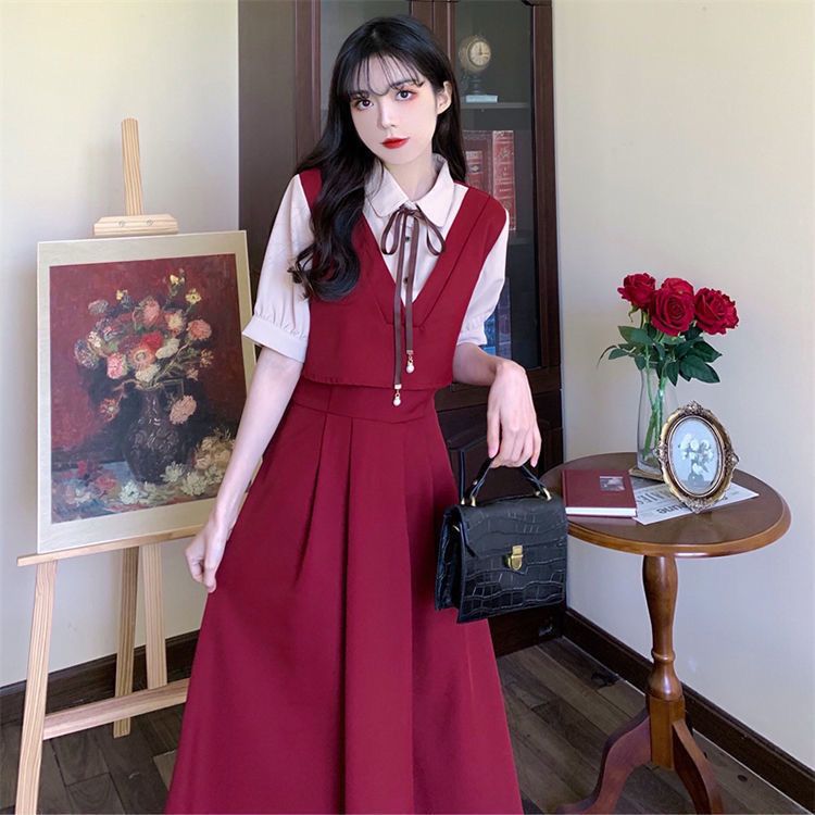 Retro splicing short-sleeved dress women's summer college style plus size fat mm thin and belly-covering fake two-piece long skirt in summer