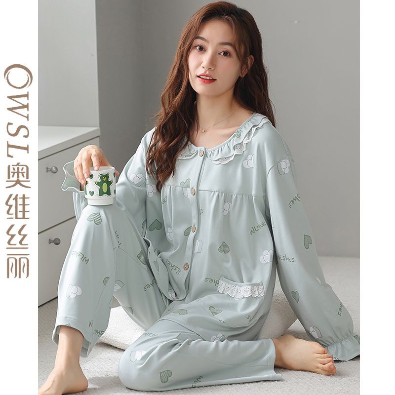 Ovisli pajamas women's spring and autumn pure cotton 100% round neck autumn XL casual cotton home service suit