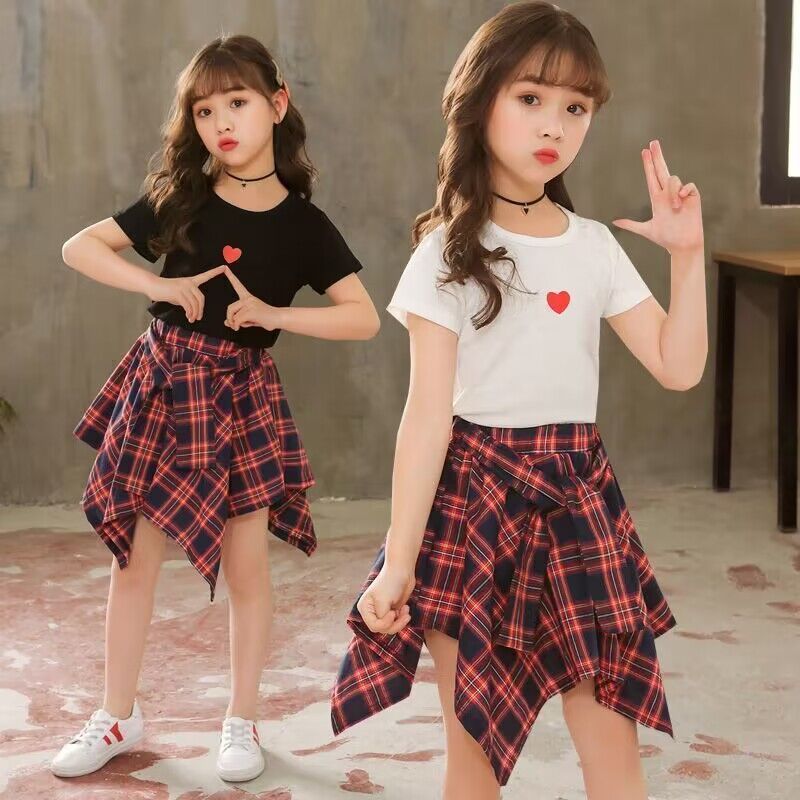 Girls summer Korean version of the new suit big children's plaid skirt dance clothing class clothing performance clothing little girl dance skirt