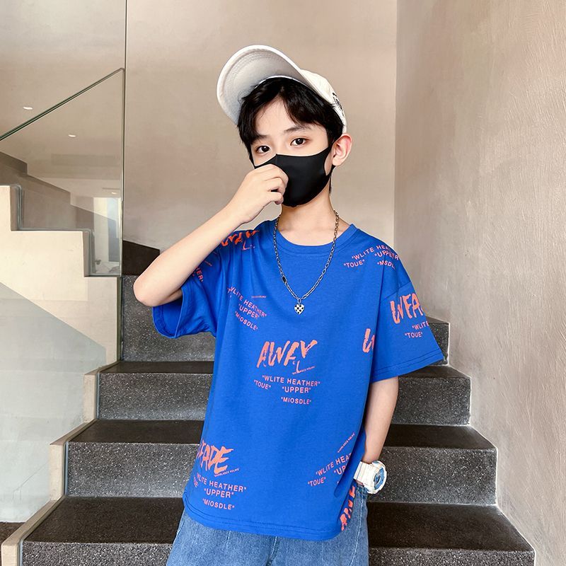 Boys' short-sleeved fashionable children's T-shirts summer pure cotton tops boys' medium and large children's thin clothes handsome new summer clothes