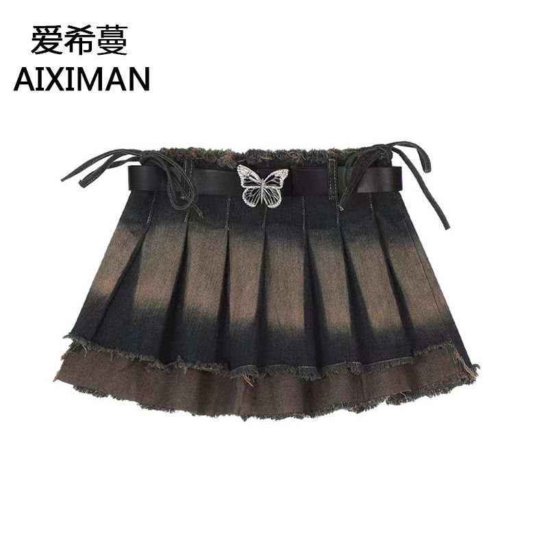 High Street Spice Girls Irregular Denim Short Skirt Female Summer New Korean Version Trendy High Waist Slim A-Line Pleated Skirt