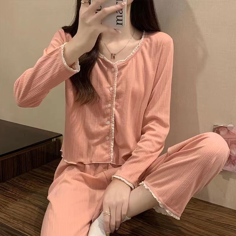 Autumn pajamas women's spring and autumn style sweet long-sleeved  new Korean style net red style round neck bean paste two-piece suit