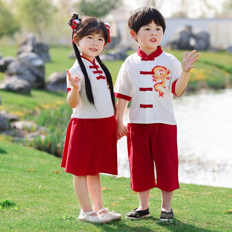 儿童国学汉服男童夏装中国风演出服女童汉服六一表演唐装古风套装