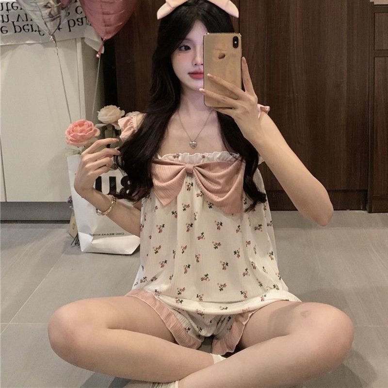 睡衣女夏季韓版蕾絲花邊吊帶短褲公主風甜美少女可外穿家居服套裝