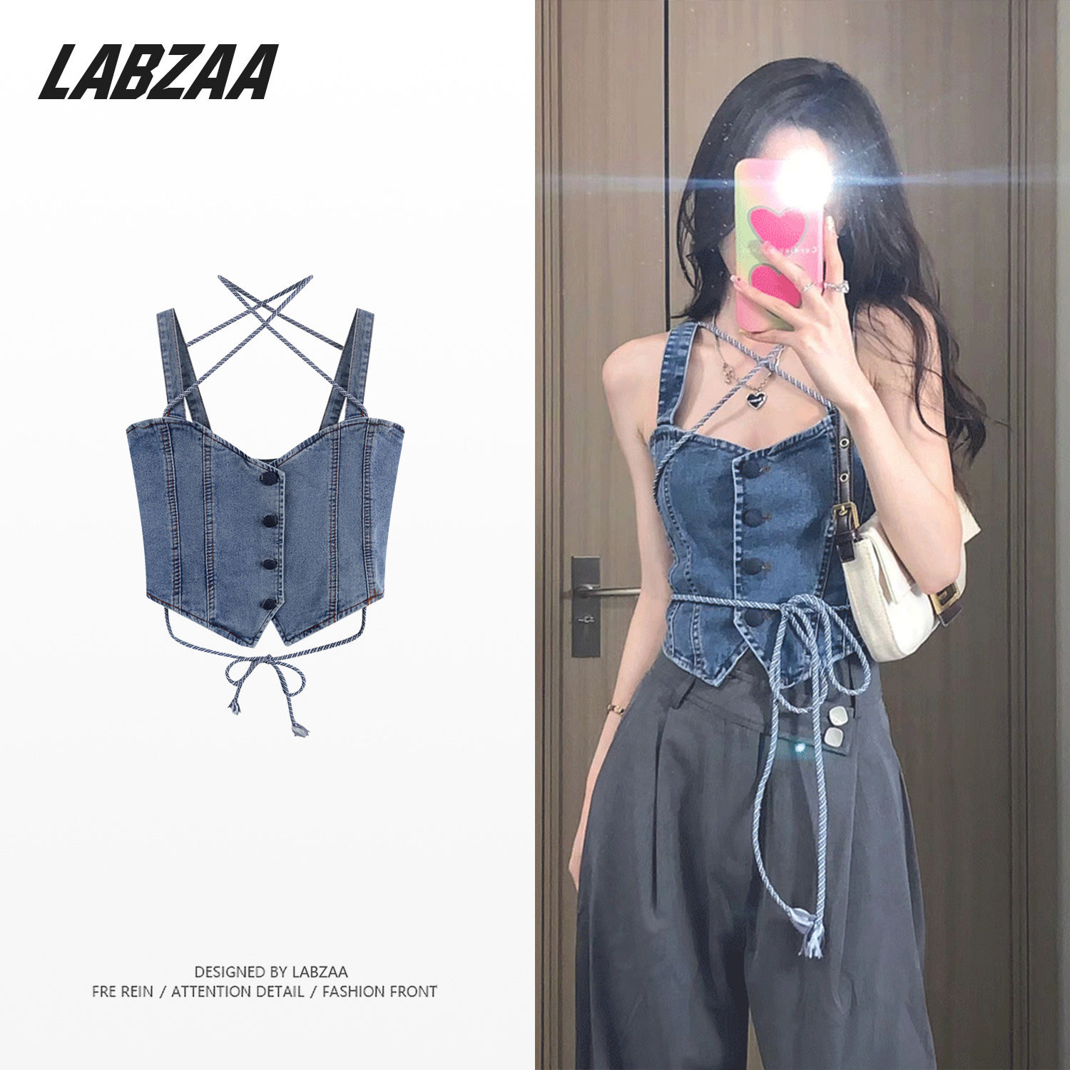 LABZAA辣妹牛仔抹胸掛脖吊帶背心女夏季小眾美背短款無袖外穿上衣