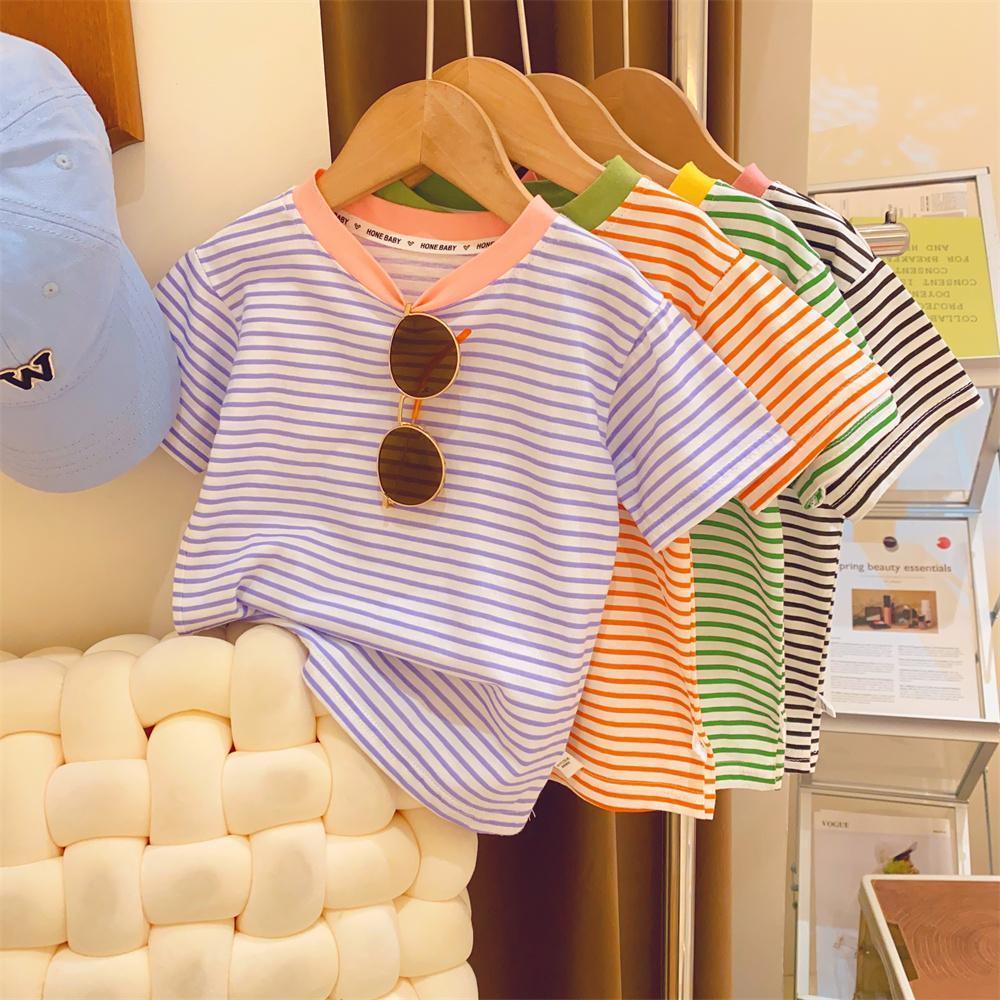 Pure cotton girls' short-sleeved T-shirt summer clothes 2023 new foreign style children's color contrast stripes small and medium children's clothing girls' tops