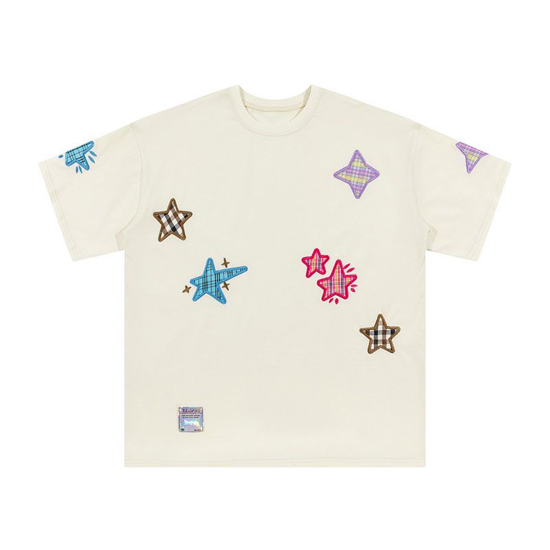 100% cotton star patch embroidery short-sleeved T-shirt women's 2023 new summer mid-length student loose top