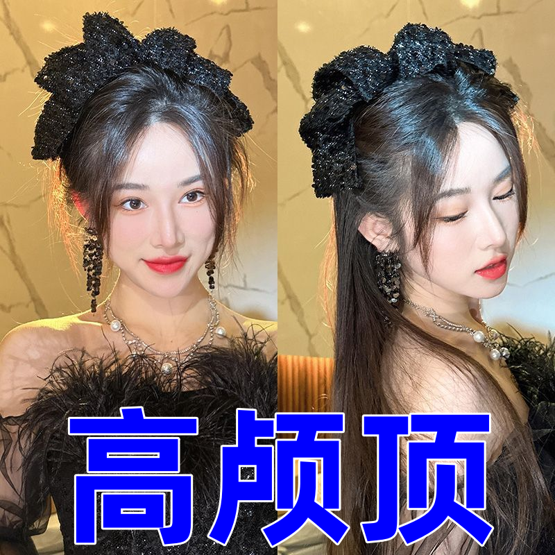 魚鱗亮片雲朵彈簧夾超仙大蝴蝶結氣質頂夾女髮夾發卡網紅頭飾黑色