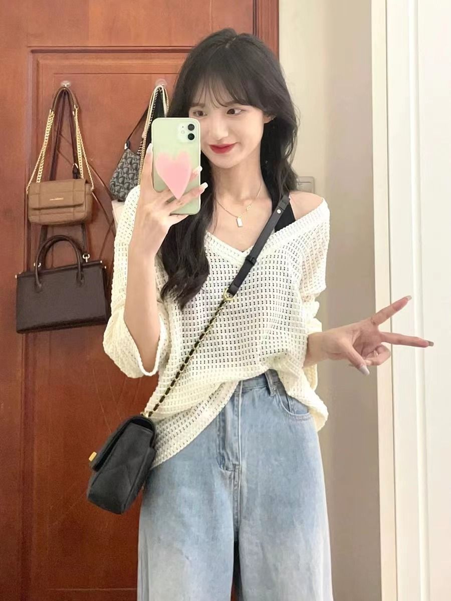 夏季薄款鏤空外搭長袖t恤女寬鬆慵懶風設計感小眾防曬v領罩衫上衣