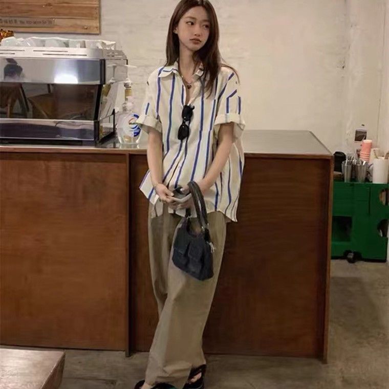 格瑞吉奥夏季新款韩版宽松条纹短袖衬衫女学生百搭POLO领上衣开衫