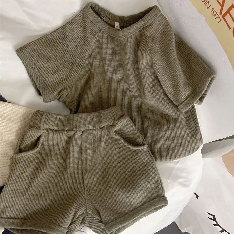 Mori trendy style waffle boys and girls Nordic style summer explosion style baby wears short-sleeved shorts suit at home and outside